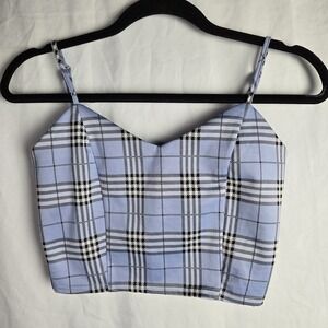 Love Tree Plaid Crop Top Tank Womens Small Blue Hidden Side Zipper Clueless Y2K